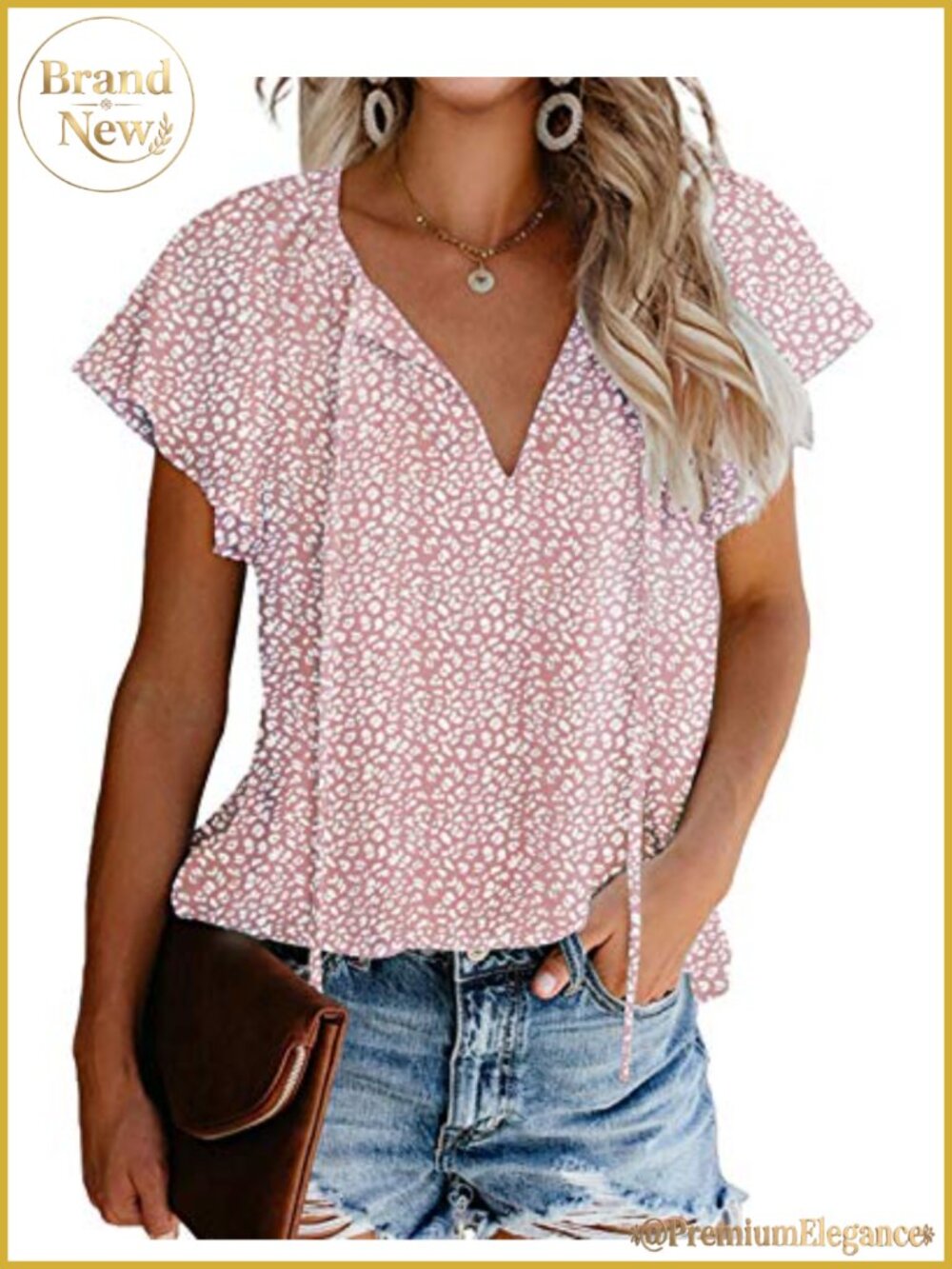 Women's Floral Print V Neck Ruffle Short Sleeve Blouse Loose Summer Top